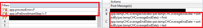 Screenshot of problematic rulesheet using limited filters in combination with the sortedBy operator