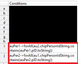 Screenshot of problematic rulesheet with forAll operator used in conjunction with attribute operator being passed a null parameter