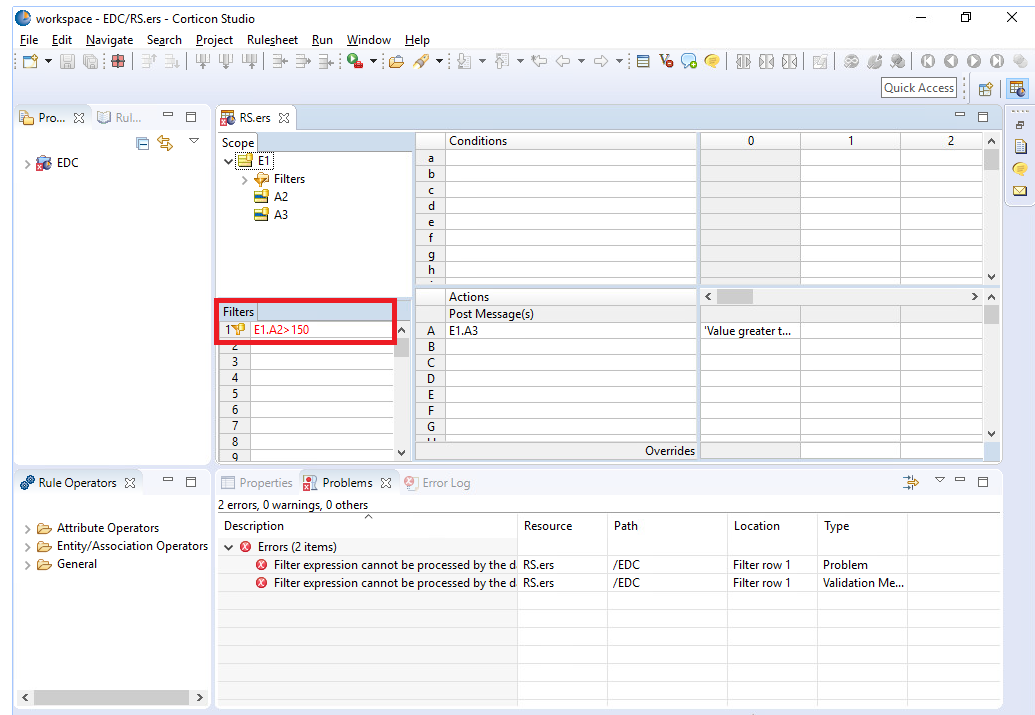 Screenshot of the filter in the rulesheet