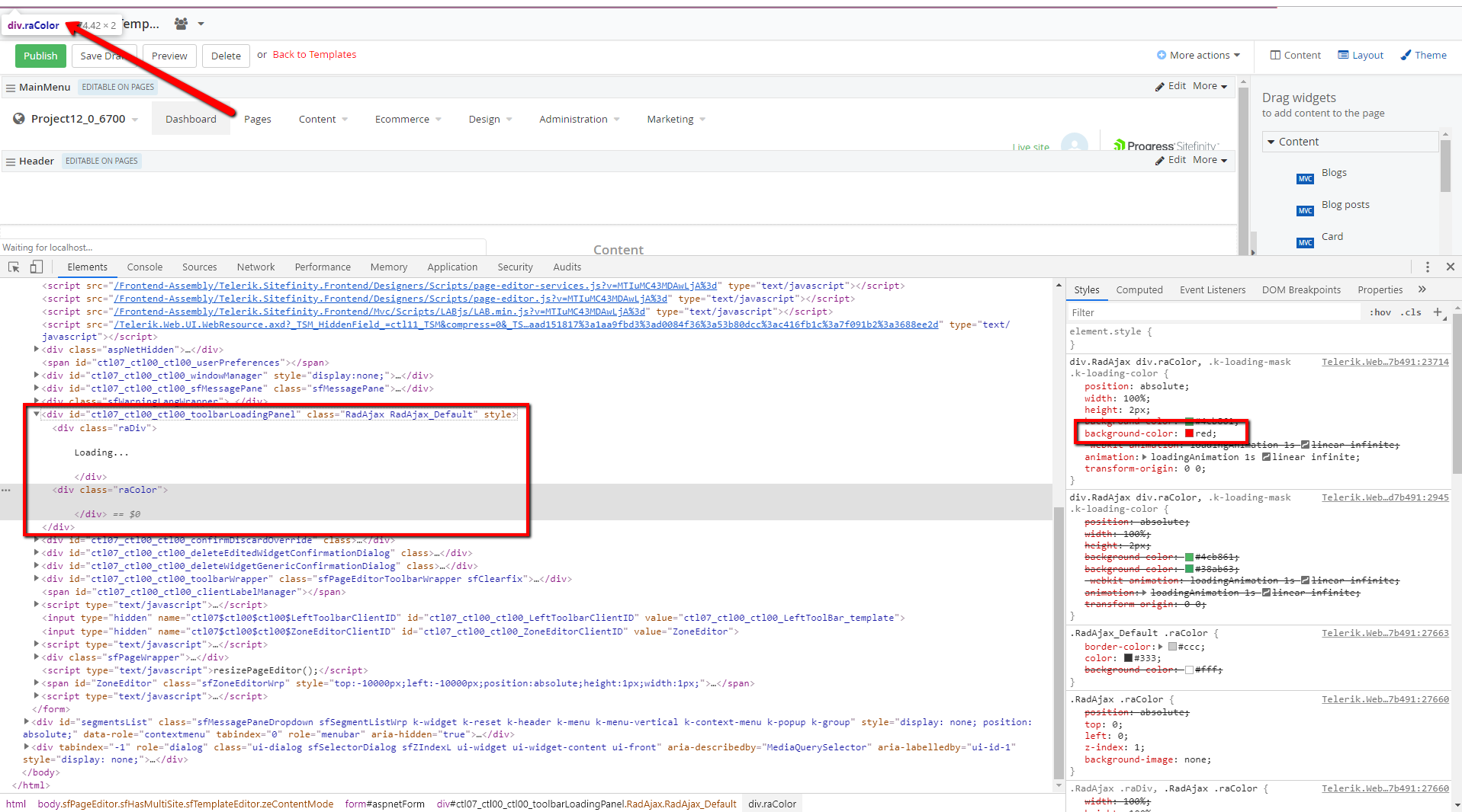 How to modify the CSS of the green bar loading indicator in the backend ...