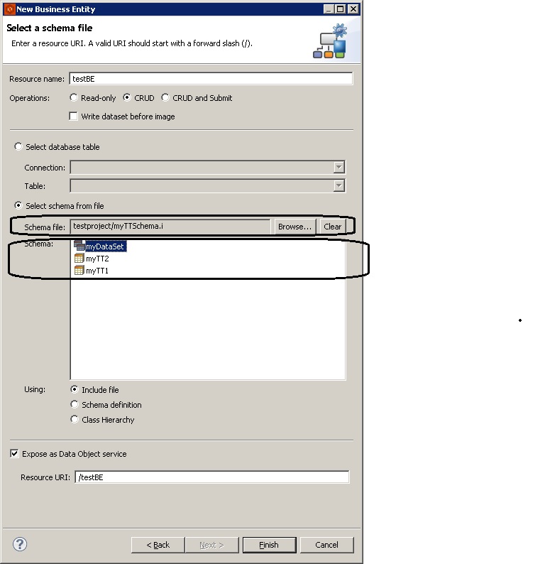 New Business entity: Select a schema file page showing the contents of the schema file