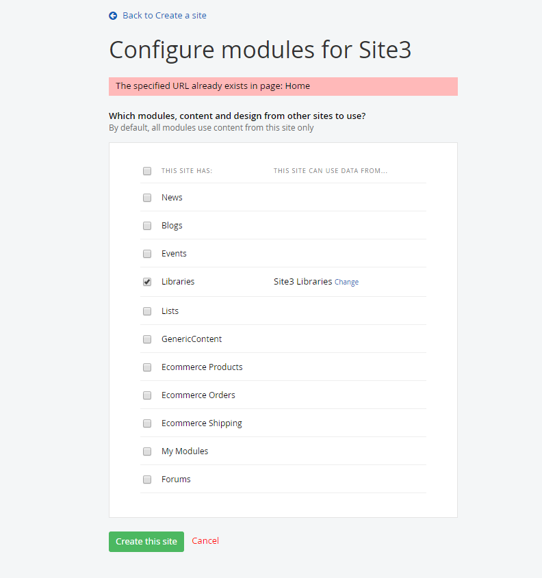 Page Exists error when creating a new site