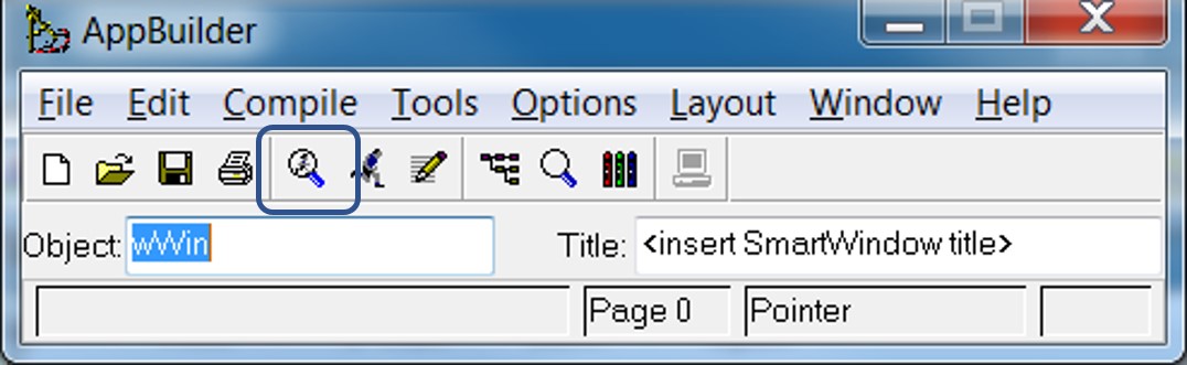 AppBuilder toolbar highlighting the Procedure Settings icon