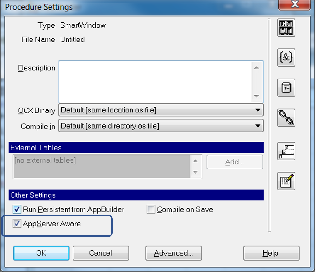 Procedure Settings page highlighting the AppServer Aware checkbox