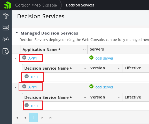 Screenshot of Corticon Web Console showing multiple applications and decision services having the same name