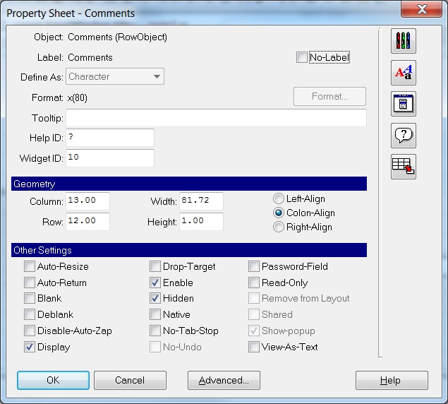 Shows the property sheet page for the comments field