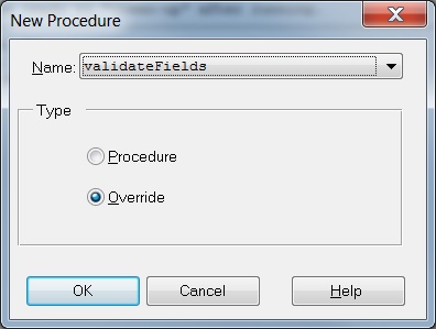 Displays the New Procedure window for overriding the validateFields procedure.