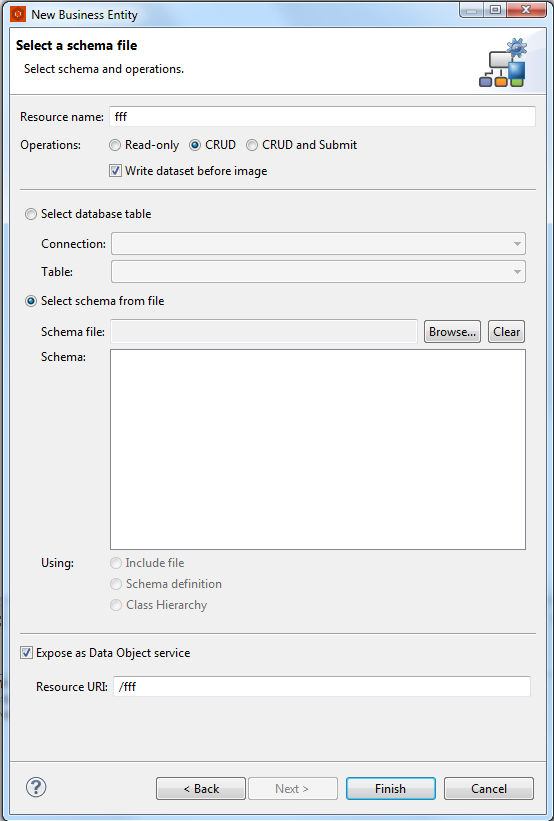 Creating a Business entity in Developer Studio - cannot select from ...