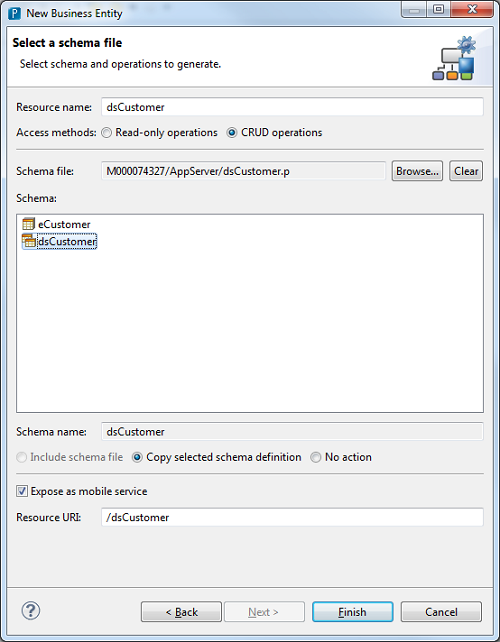 New Business Entity wizard schema file page with .p schema file specified