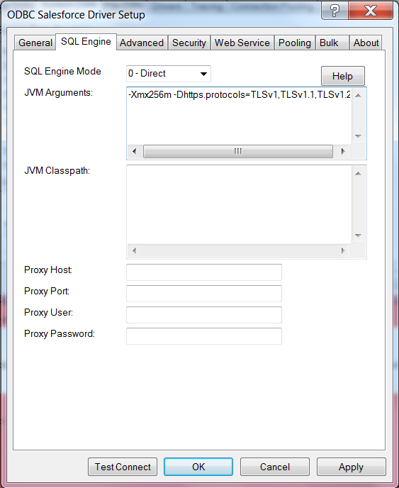 Connect for ODBC SalesForce SQL Engine settings