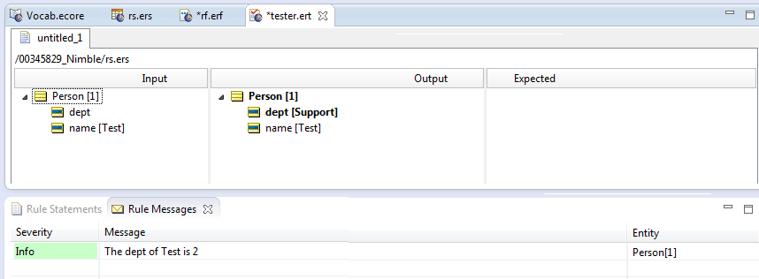 Screenshot of the Ruletest showing the CDT label in the output but showing the CDT value in the Rule message