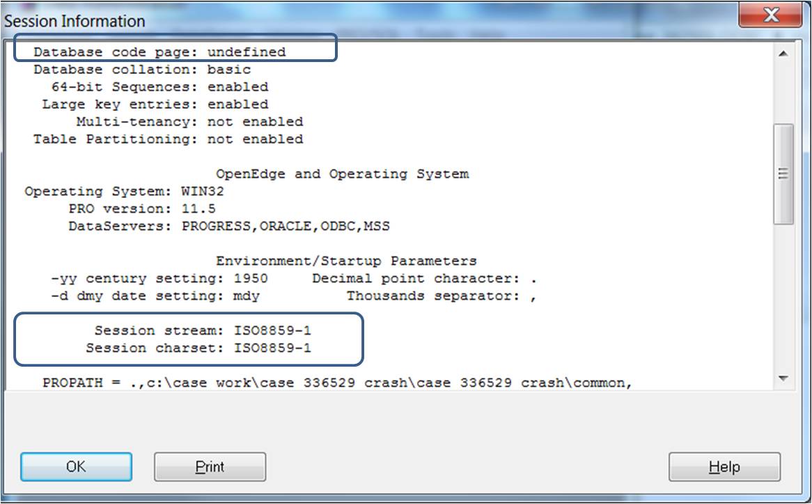 Database information is displayed including codepage and session charset