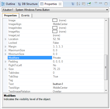 Properties view, from inheriting class. Shows Modifier property as "Private"