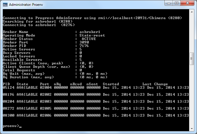 After broker startup, asbman -n asbroker1 -query shows 5 agents
