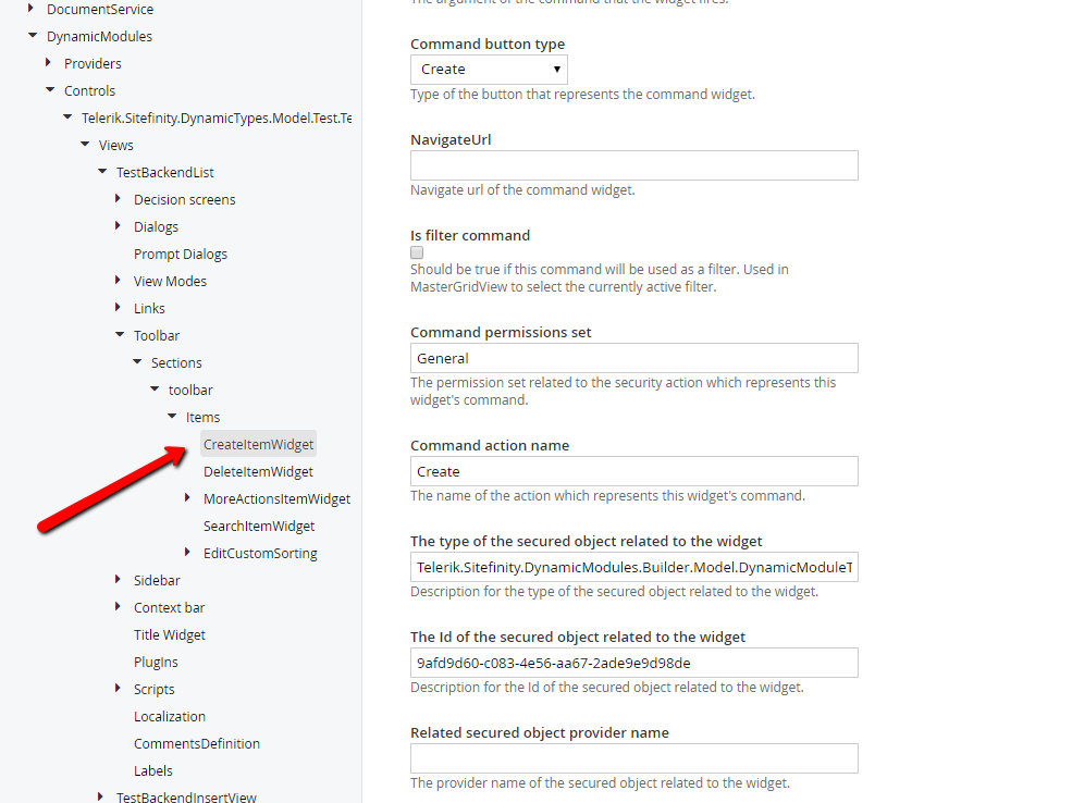 Finding the control for a Create an Item button on a Dynamic Content backend view