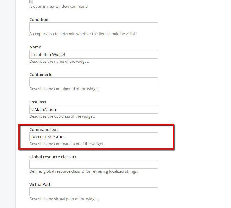 Changing the text of the Create an Item button to Don't Create a Test