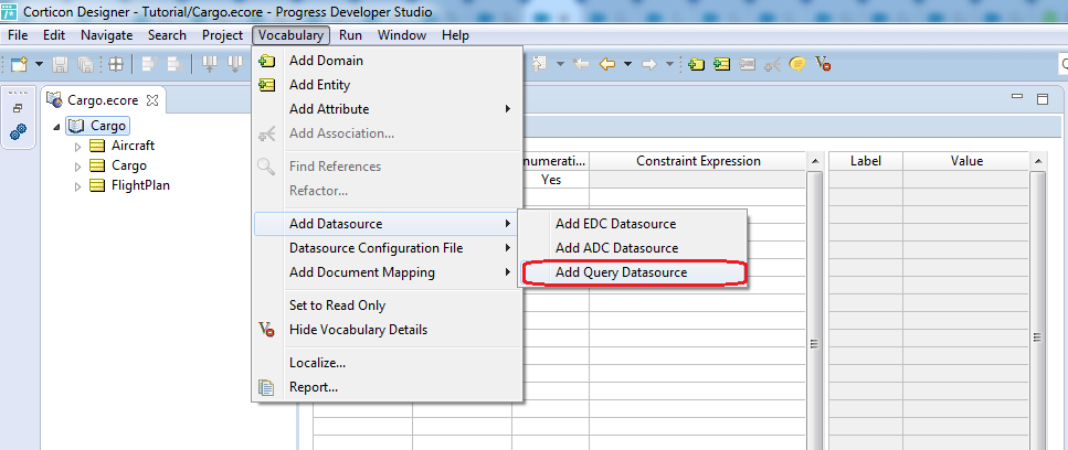 Screenshot of the "Add Query Data source" option in Corticon Studio
