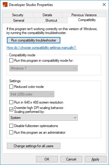 Compatibility setting "Override high DPI scaling behavir: Scaling performed by: System"