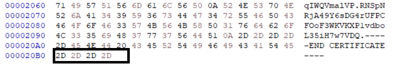 Shows the hex editor output of the bad END CERTIFICATE