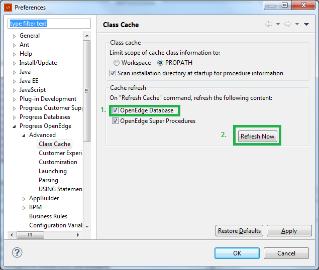 screenshot of Class Cache settings, highlighting the points from last step