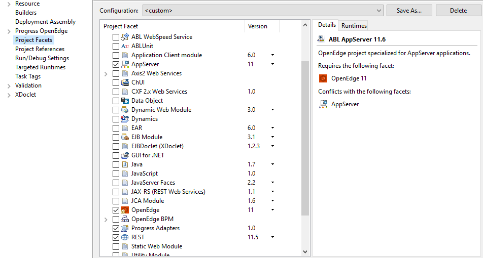 Project properties dialog : Project Facets view