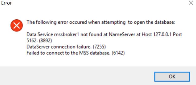 Getting errors 8892 and 7255 while trying to connect to MSS database ...