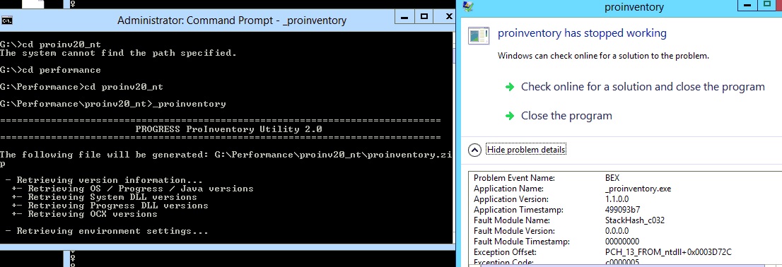 Screenshot showing command prompt & windows error dialog with details