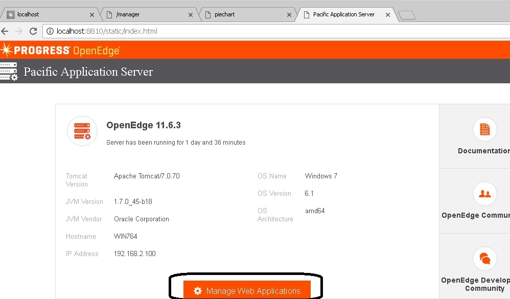 Shows the PAS for OE main page and the manage web applications button