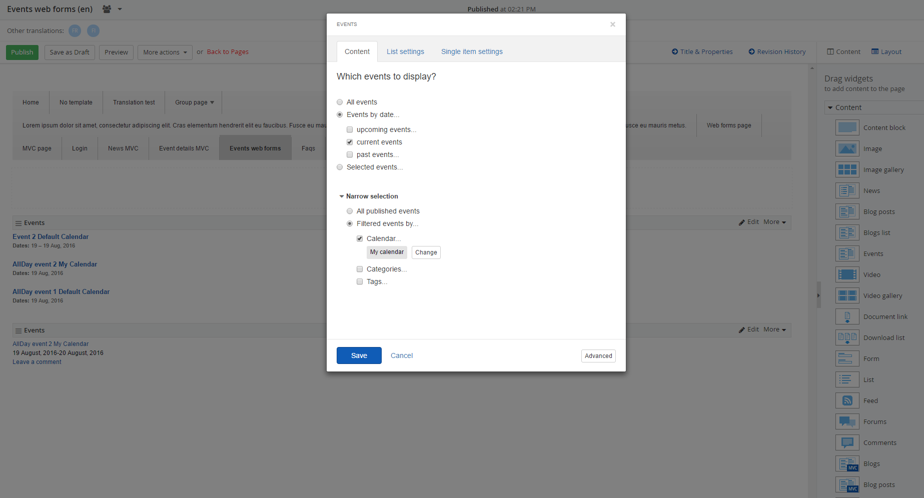 MVC widget configured to filter the current events by calendar