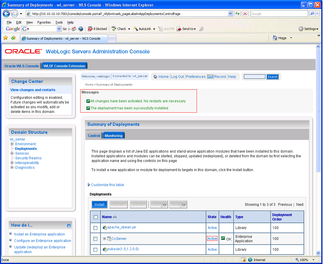 Confirmation of Deployment Active, Weblogic 10.3