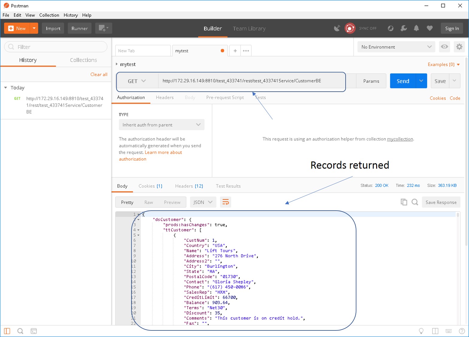 Shows using the REST service URL to access the records of the Customer table