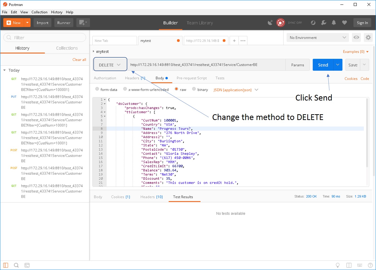 Shows POSTMAn set up for a delete operation.