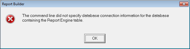 The command line did not specify database connection information for the database containing the Report Engine table.
