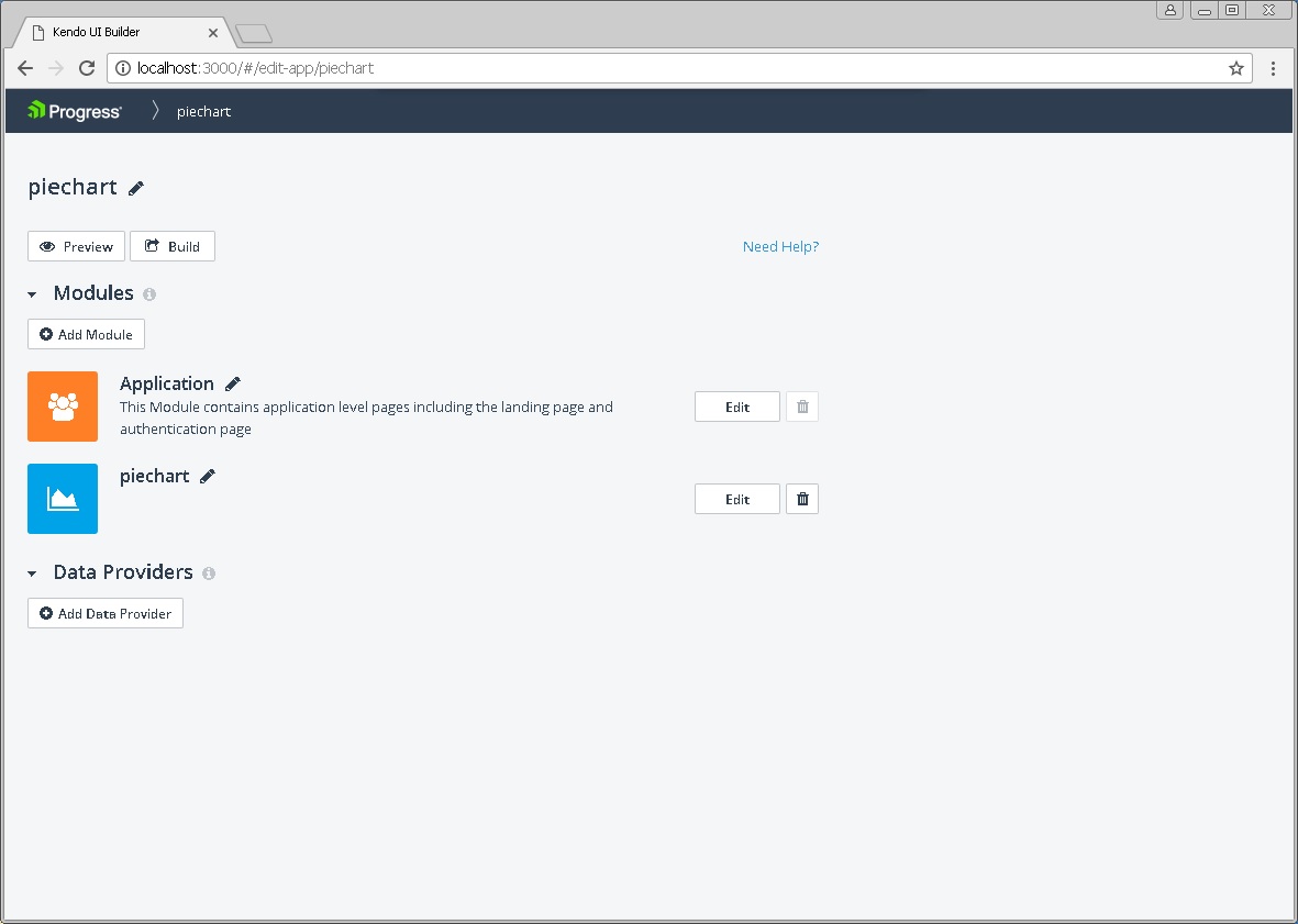Shows the main Kendo UI Builder page