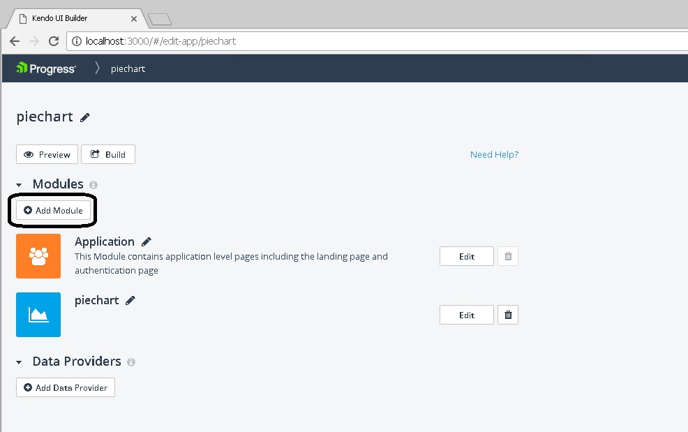 Main Kendo UI page with Add Module button encircled