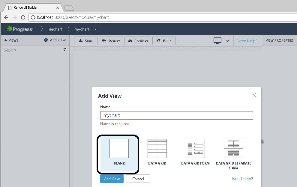 Shows selecting a Blank View and filling in the name of the view