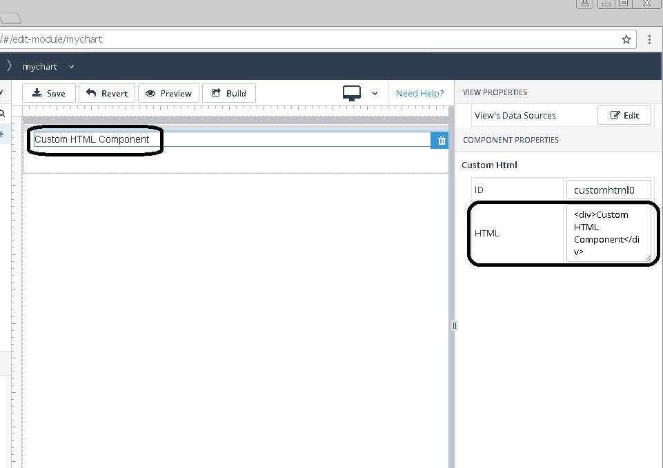 Show the results of draging/dropping the Custom Html component into the column of the Blank View