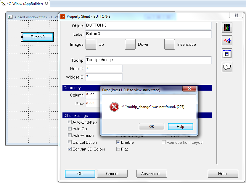 Error 293 cancelling widget property sheet change with 'X' button in ...