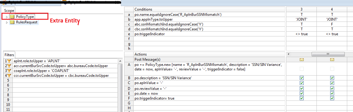 The scope section for the rulesheet has additional entities in Corticon ...