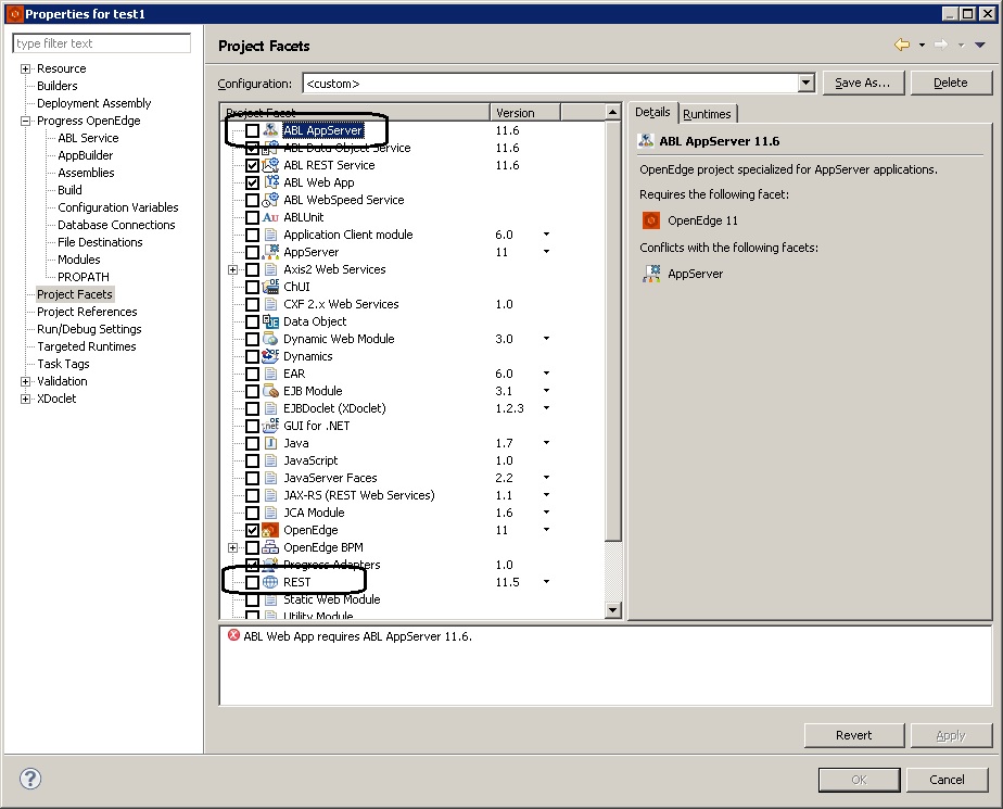 Clear REST and ABL AppServer facets check boxes