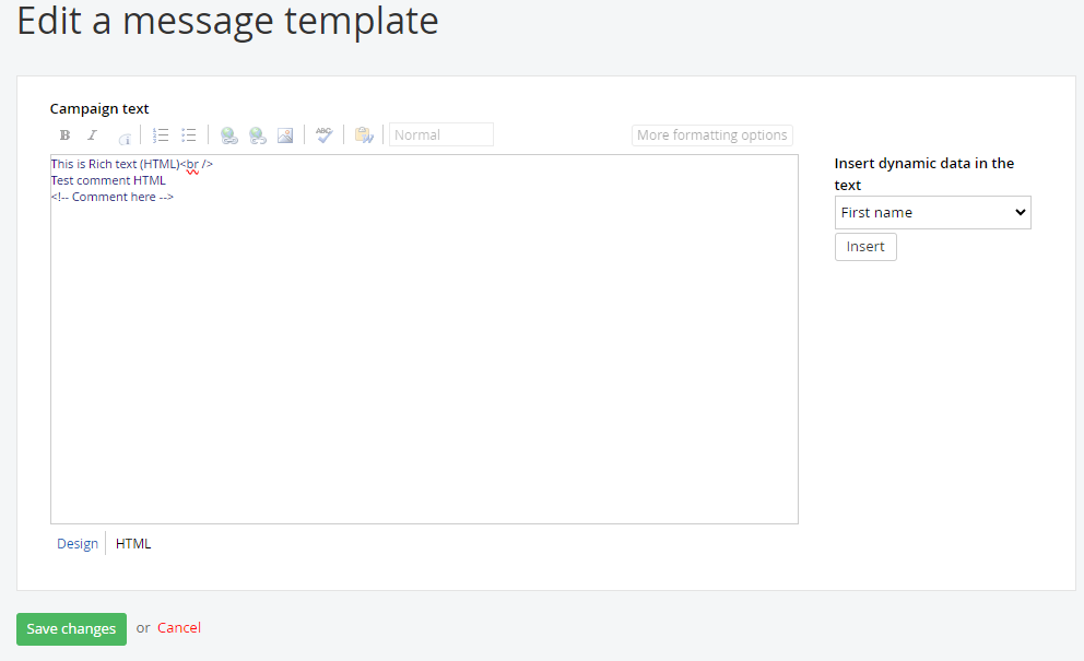 Comment tag missing from HTML design when using custom message template ...