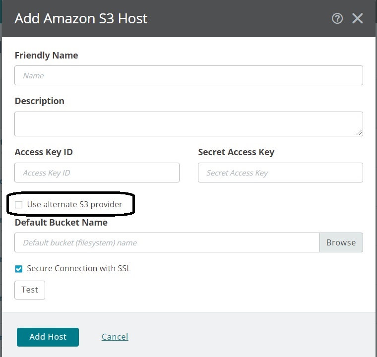 Focuses on the use alternate S3 provider checkbox