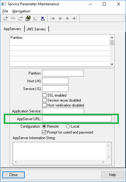 screenshot of tool, AppServer URL field highlighted with green border