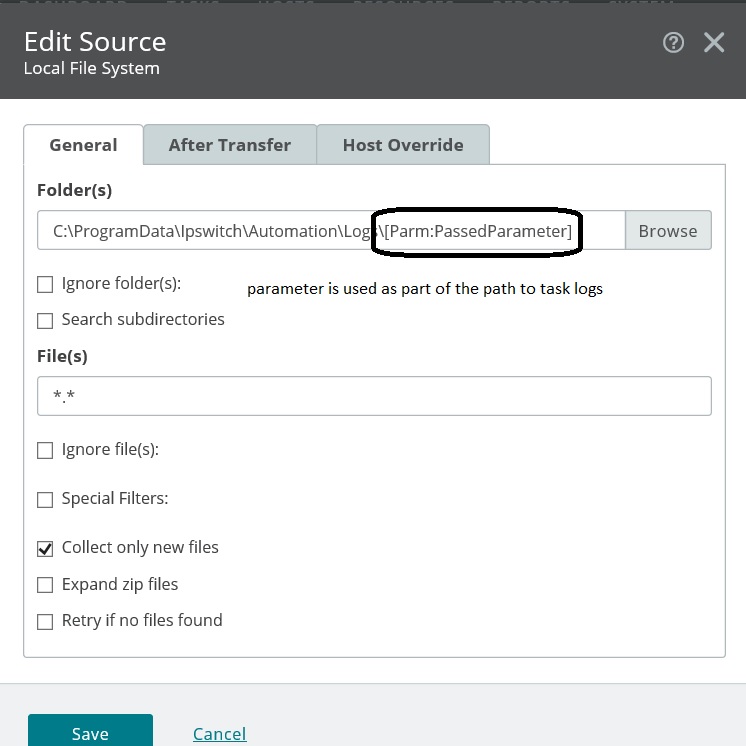 Shows the source page where the parameter is used as part of the path to task logs
