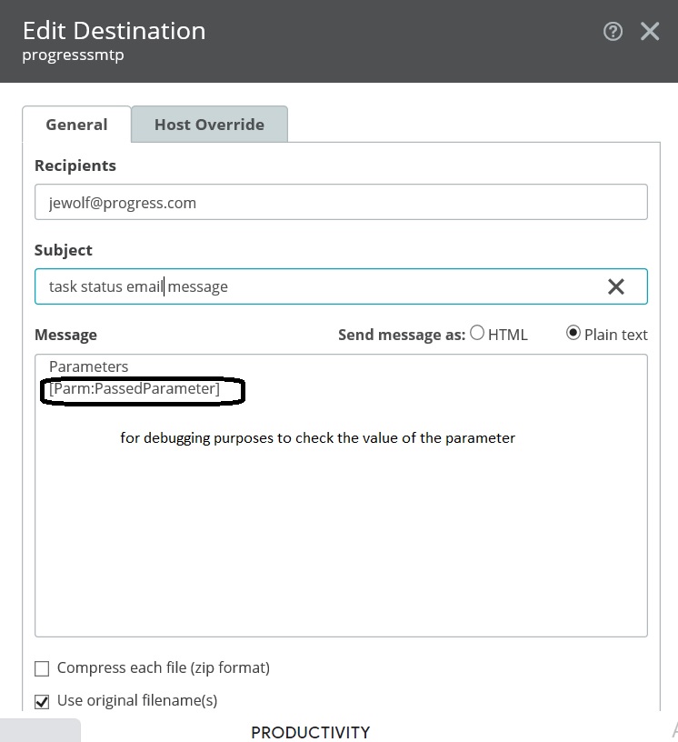 shows the destination page with the parameter shown in an email for debugging purposes