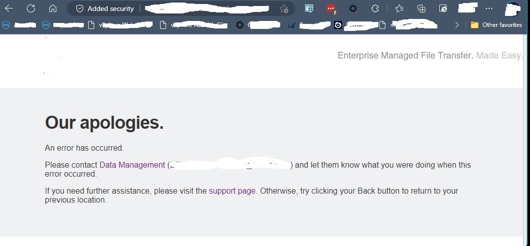 shows the our apologies error seen wiht this issue