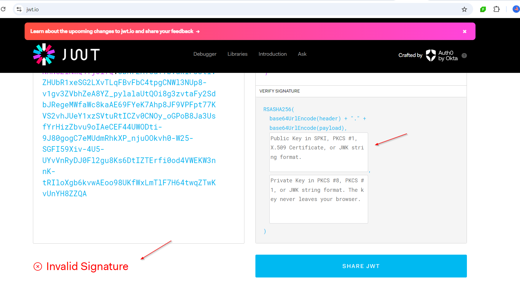 Authentication: IDX10500: Signature validation failed. No