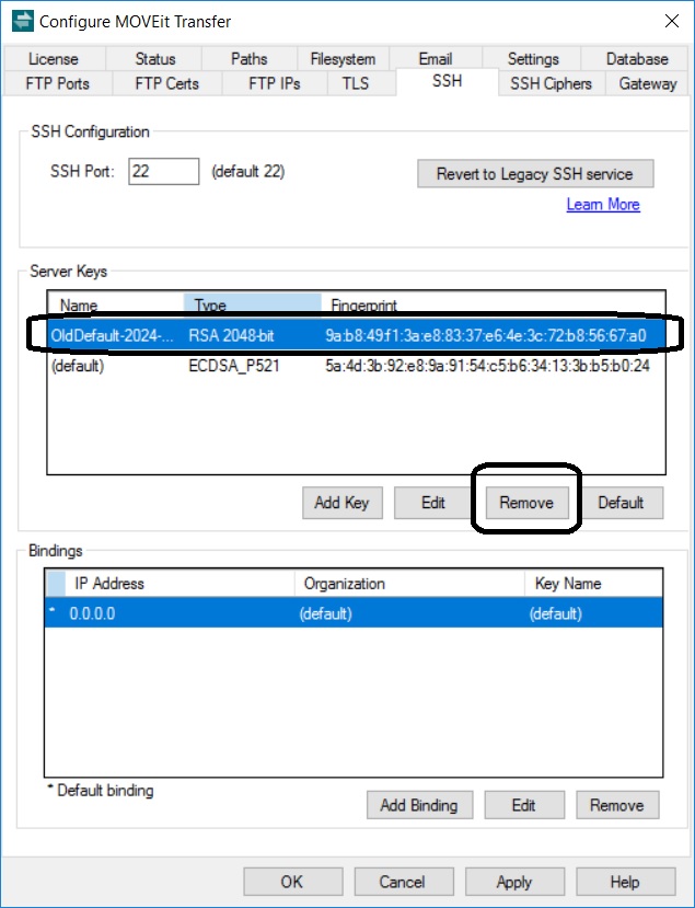 SHows a new key selected as default and the older key avaialble to be deleted