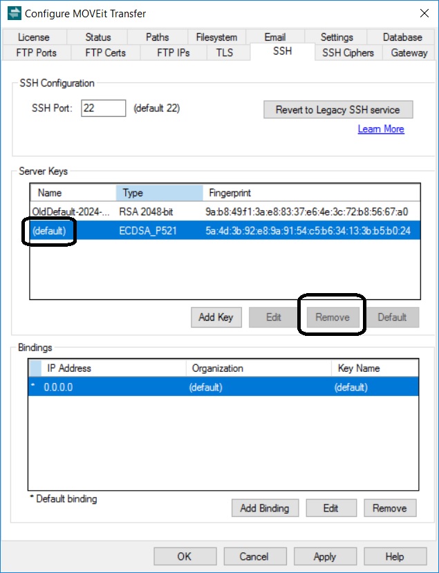 shows th eSSH tab of Transfer config with the remove key grayed out.