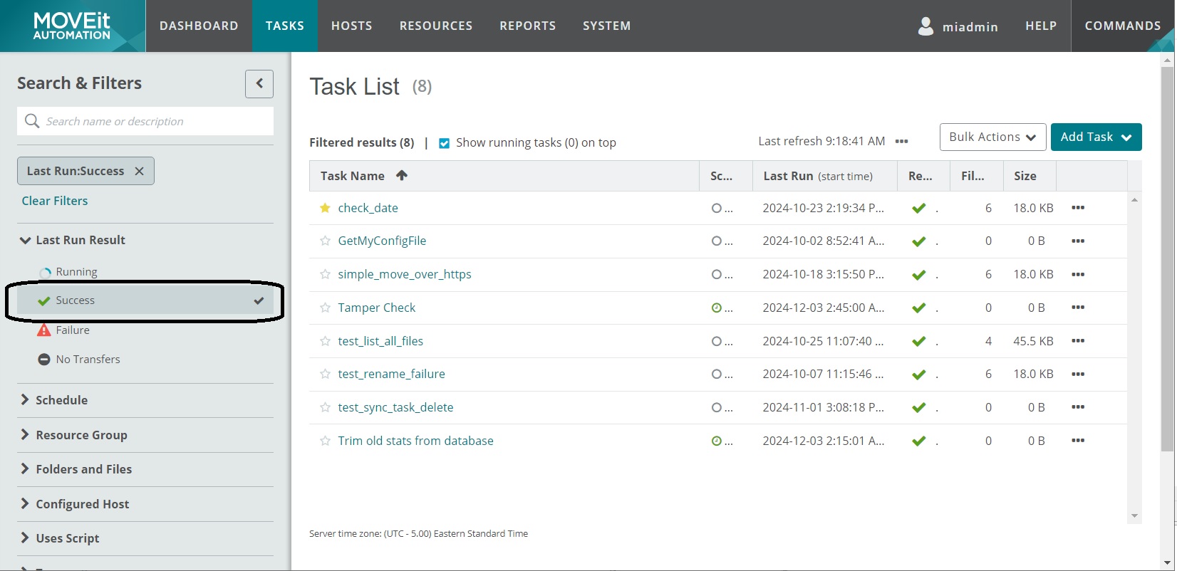 Shows the web admin view of tasks